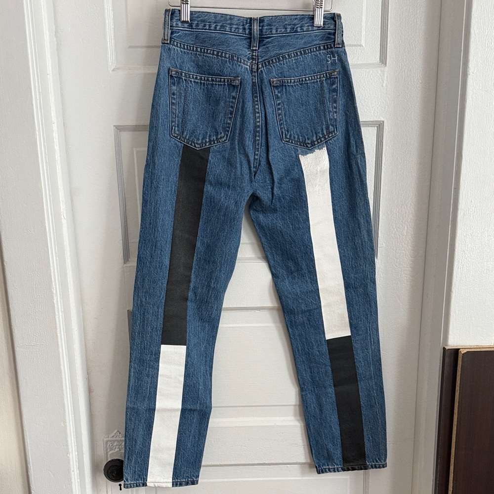 Straight Leg Women's Jeans with Black and White Side Stripes